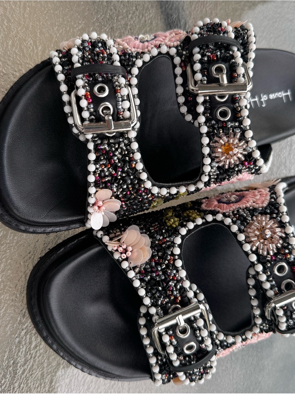 Beaded Black Floral Slide Sandals with Pink Accents Sz 6
